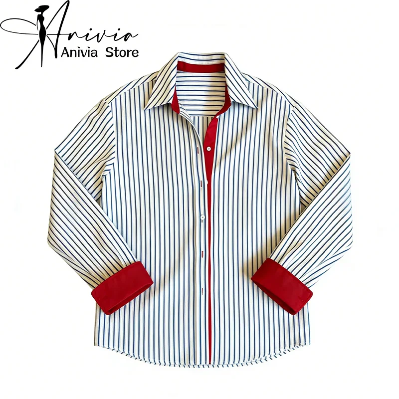 

Women's Striped Casual Shirt Turn-down Collar Long Sleeve Y2K French Harajuku High Street Aesthetic Elegant Office Retro Top New