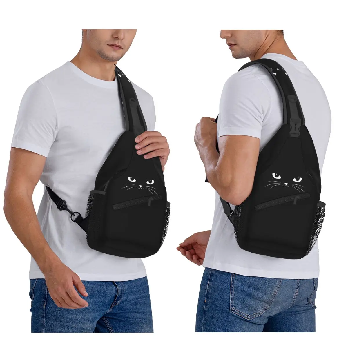 لطيف القطة السوداء حقيبة الصدر الرجال حبال Crossbody على ظهره حقيبة صدر للرجال السفر المشي لمسافات طويلة Daypack حقيبة الكتف
