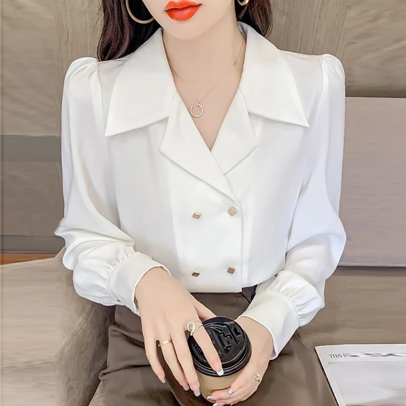 Double Breasted French Turn Down Collar Long-sleeve Solid Top Office Lady Shirt And Blouses Casual Woman Clothing Simple Elegant