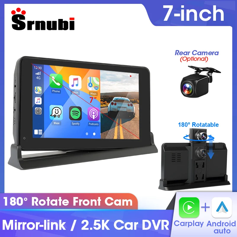 

Srnubi 7" Universal 2.5K+1080P Car DVR 180° Rotation Front Cam Wireless Carplay Android Auto Remote Control Car Camera Recorder