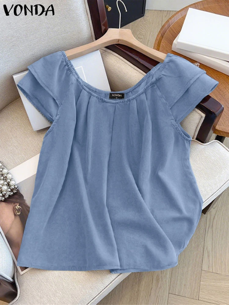 

VONDA Summer Blouses for Women Plus Size Denim Shirts Big Size Blouse Ruffled Short Sleeve Tunic Tops Casual Loose Solid Blusas