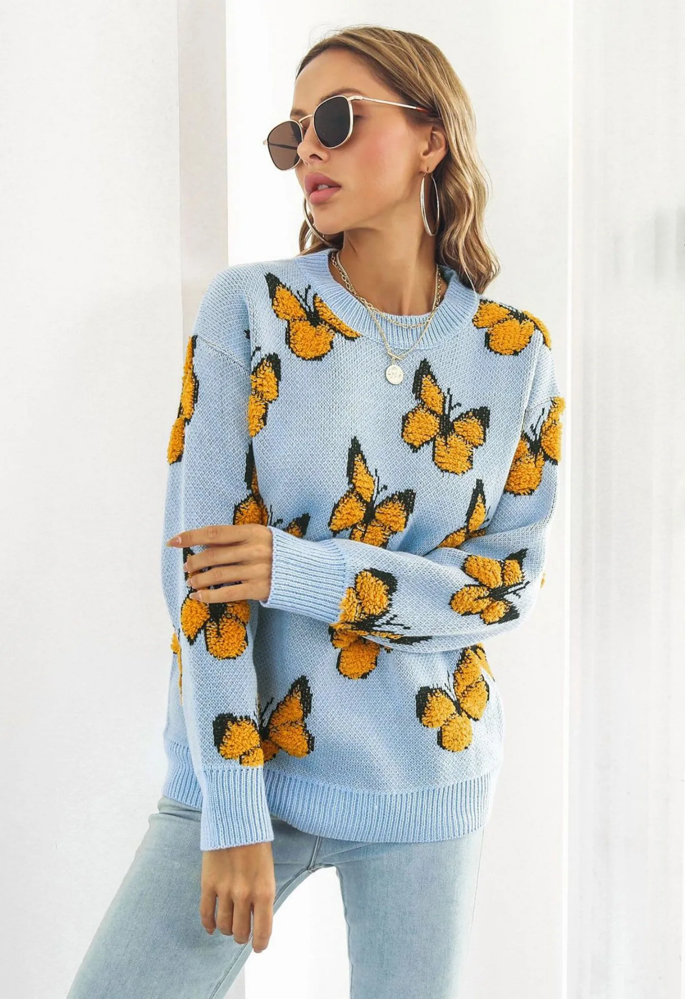 

Женский голубой вязаный свитер с узором бабочки, повседневный пуловер с круглым вырезом и длинными рукавами, модный топ