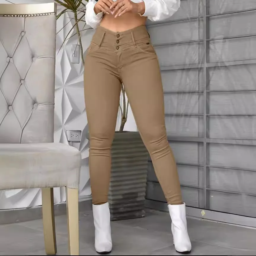 Spodnie damskie Spodnie ołówkowe Płaszcz Capris Slim Fit Kieszenie Wysoka talia Lekka rozciągliwość Długość do kostki Streetwear Guzik Wiosna 2024