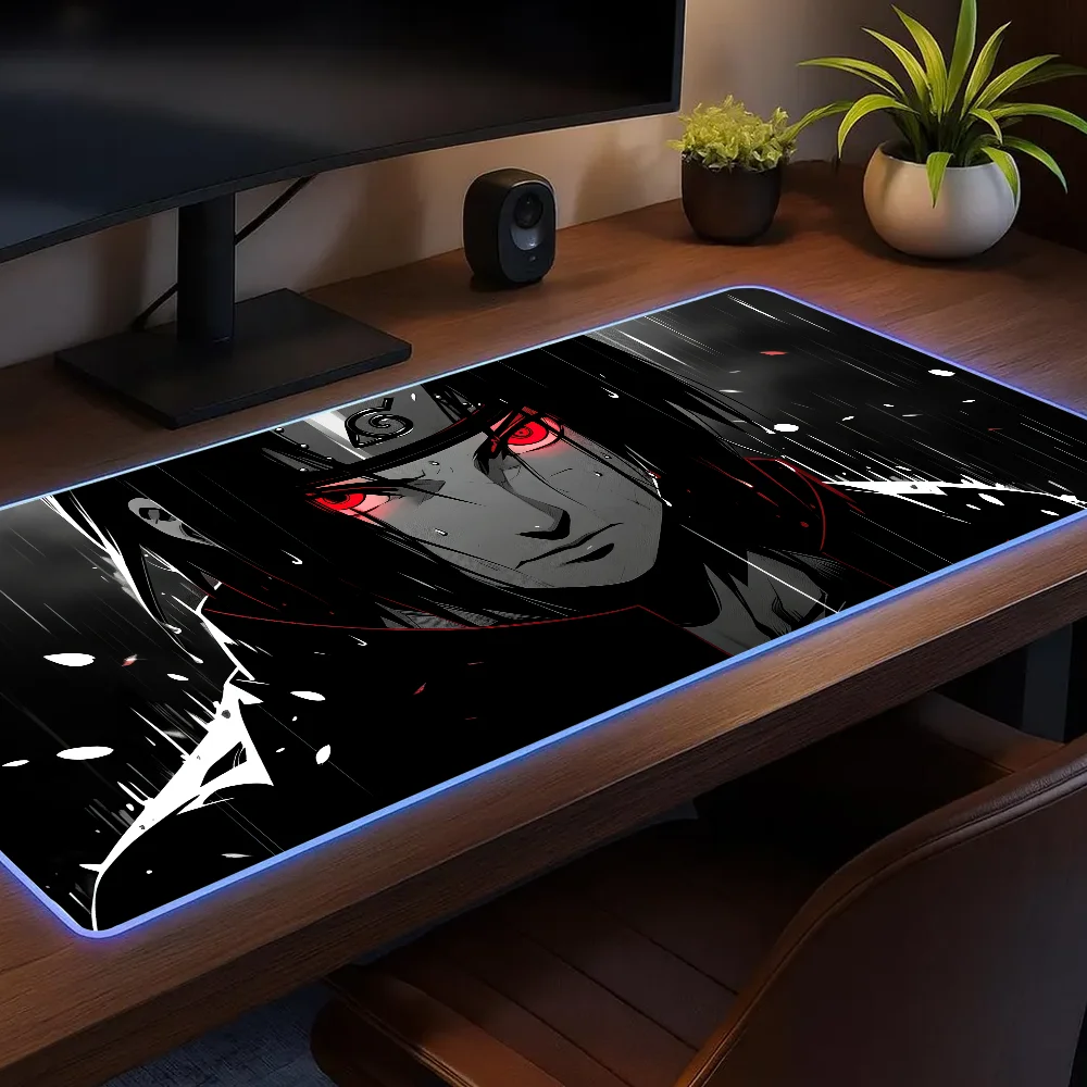 N-Naruto Uzumaki Itachi Uchiha Anime Mouse Pad Gaming MousePad LED Table Pads Micro USB Backlit Rubber RGB Desk Mats Desktop XXL