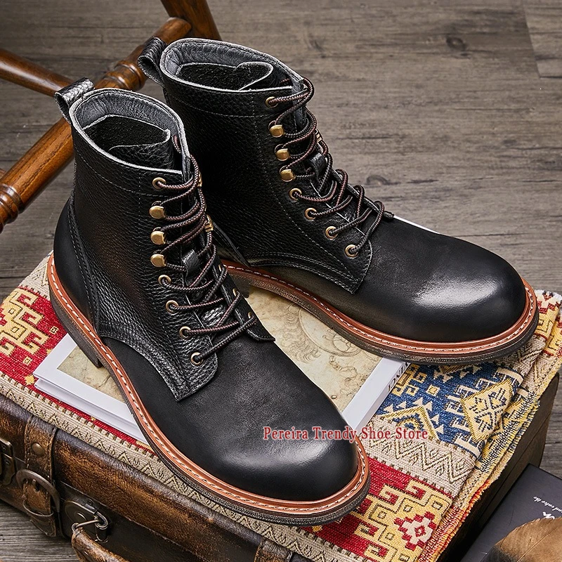 Vintage Round Toe Motorcycle Boots for Men British Style Handmade Cowhide Lace-Up High Top Shoes Brown Black Leather Booties