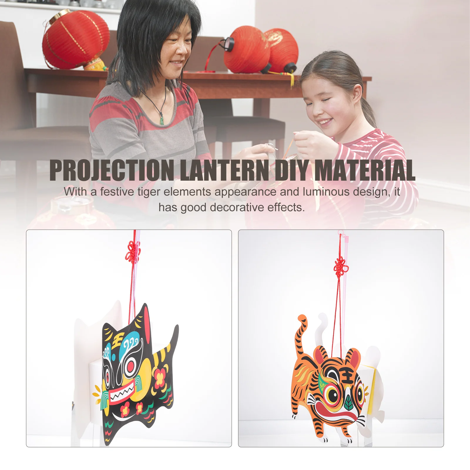 

3 Sets Diy Paper Projection Material Tiger Year Festival Decor Portable Handmade New Year Lantern Craft Kit Zodiac Tiger Lantern