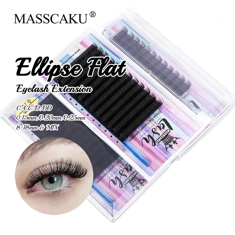 

MASSCAKU 0.15/0.20mm 8-18mm Single Length Two Split-tips Matte Dark Black Eyelash C D Curl Ellipse Flat Lash Extension Wholesale