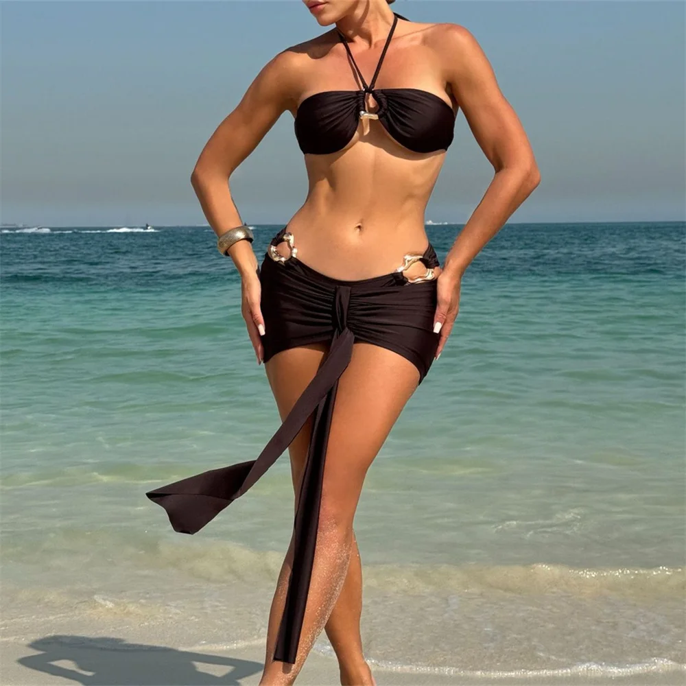 

Sexy Metal Trim Bikini Set Bandeau Swimsuit Backless Bandage Mini Skirt Swimwears Women Vacation Outfit Solid Beach Bathing Suit
