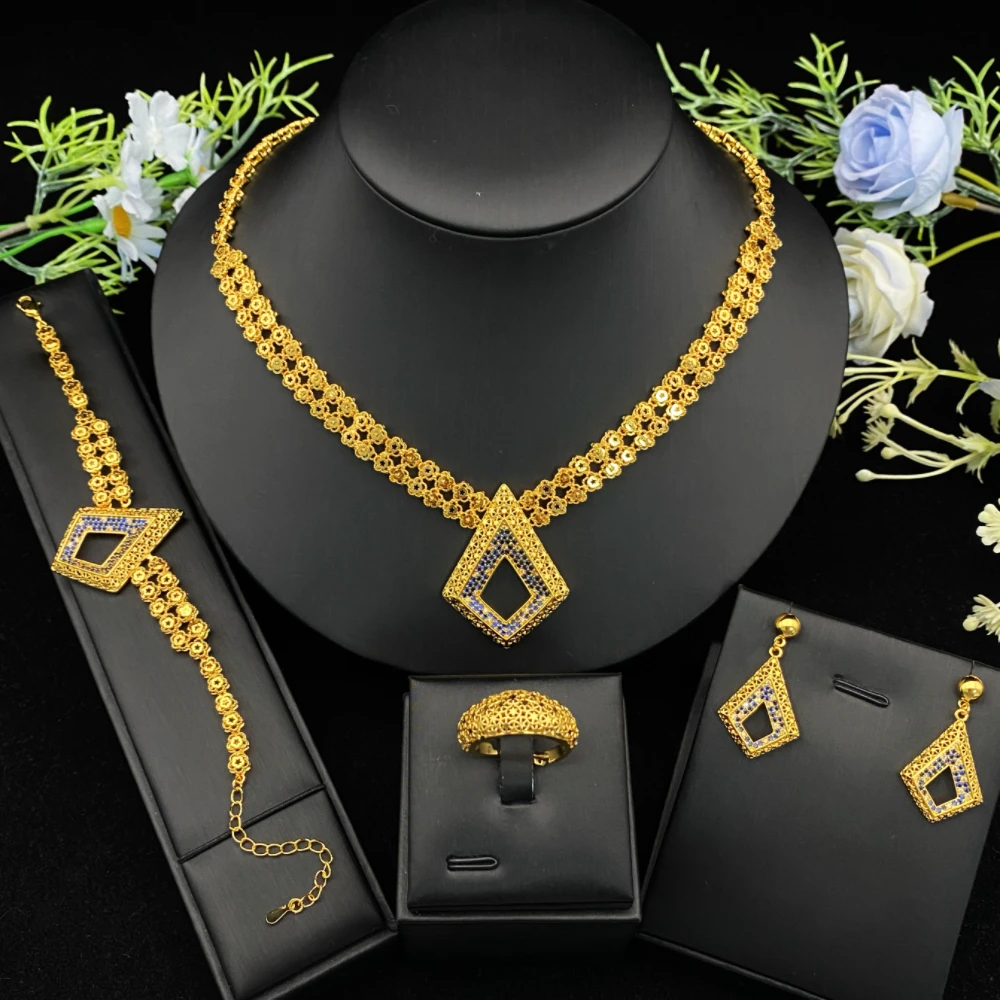 

JRH Daily Lightweight Gold Plated Brass Jewelry Set - Sparkling Zircon Craft Adjustable Necklace Earrings Bracelet Ring