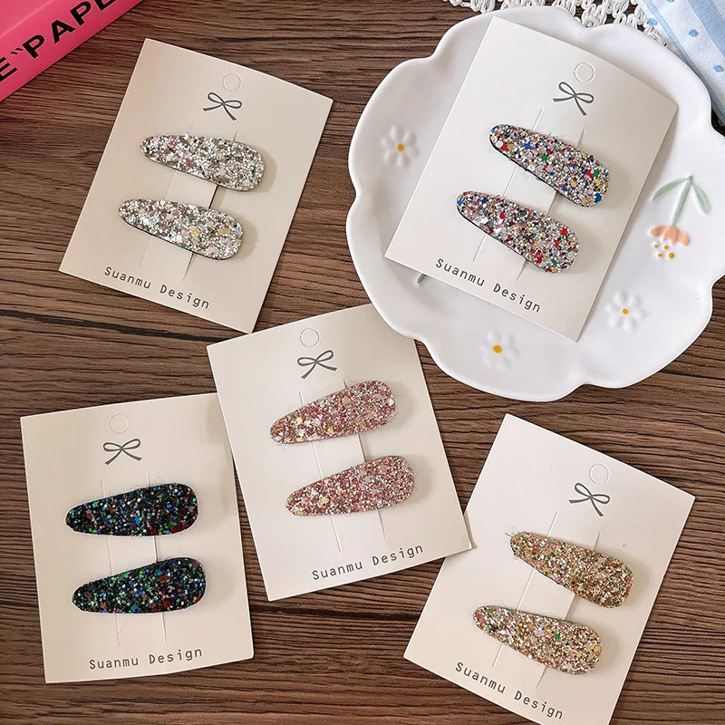 2pcs Waterdrop Hair Side Clips Glitter Shiny Hairpins for Baby Girls Bangs Side Barrettes Non-slip Small Hair Styling Clips New