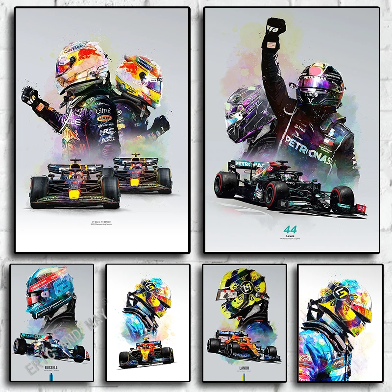 Póster de piloto de carreras de Fórmula 1 en acuarela, estético, con casco de piloto de F1, impresión en lienzo de deportes de motor, arte de pared para el hogar y la habitación