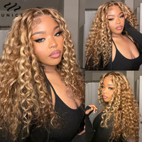 UNice Hair Pre Cut Pre Bleached 7X5 Water Wave Wig Honey Blonde Highlight Human Hair Glueless Wig Ready To Wear 150% Density