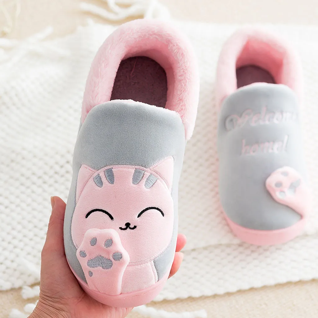 Kobiety Zimowe Ciepłe Kapcie Cartoon Cat Shoes Furry Plush Slides Round Toe Flats Indoor Home Bedroom Floor Slippers Ladies Shoes