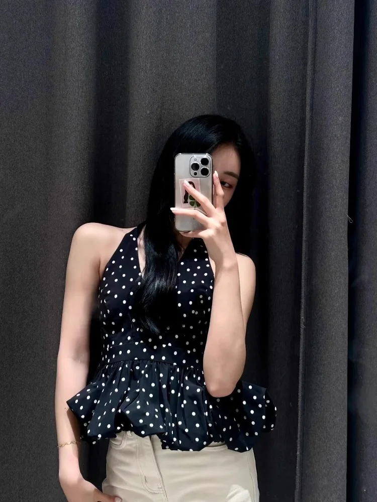 

Ele Polka Dot off oulder Svel Women's Vest Top Ne Hanging Strap Spring Summer High Quali Flud Puffy Hem