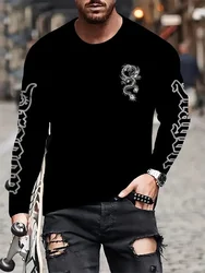 Simple Longteng Print Autumn Fashion Crewneck Men's Long Sleeve T-shirt Outdoor Street Fashion Top Everyday Casual Comfort
