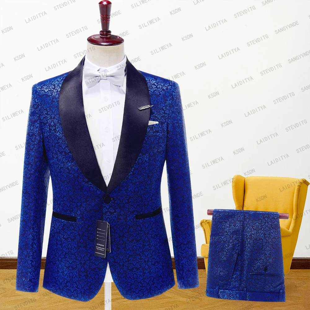 

Mens Wedding Suit 2023 Italian Design Navy Blue Jacquard Custom Made Smoking Tuxedo Jacket 2 Piece Groom Terno Suit For Men