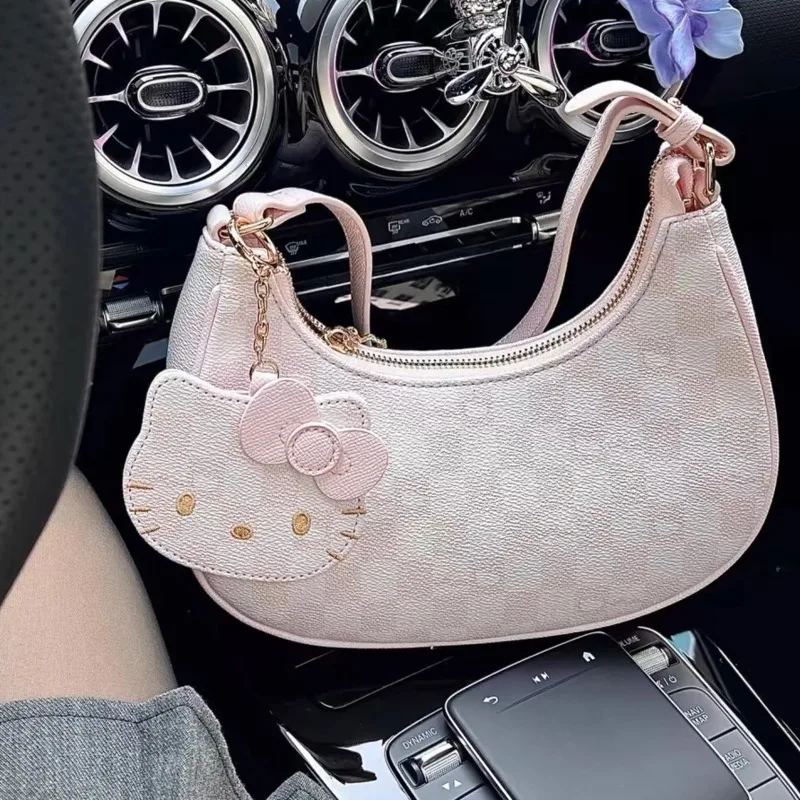 Miniso-Hellokitty Bolsa de Ombro Xadrez para Mulheres, Bolsa Rosa, Meia Lua, Bolsa de axilas, Kawaii, Kitty Pendant, Harajuku, Y2k