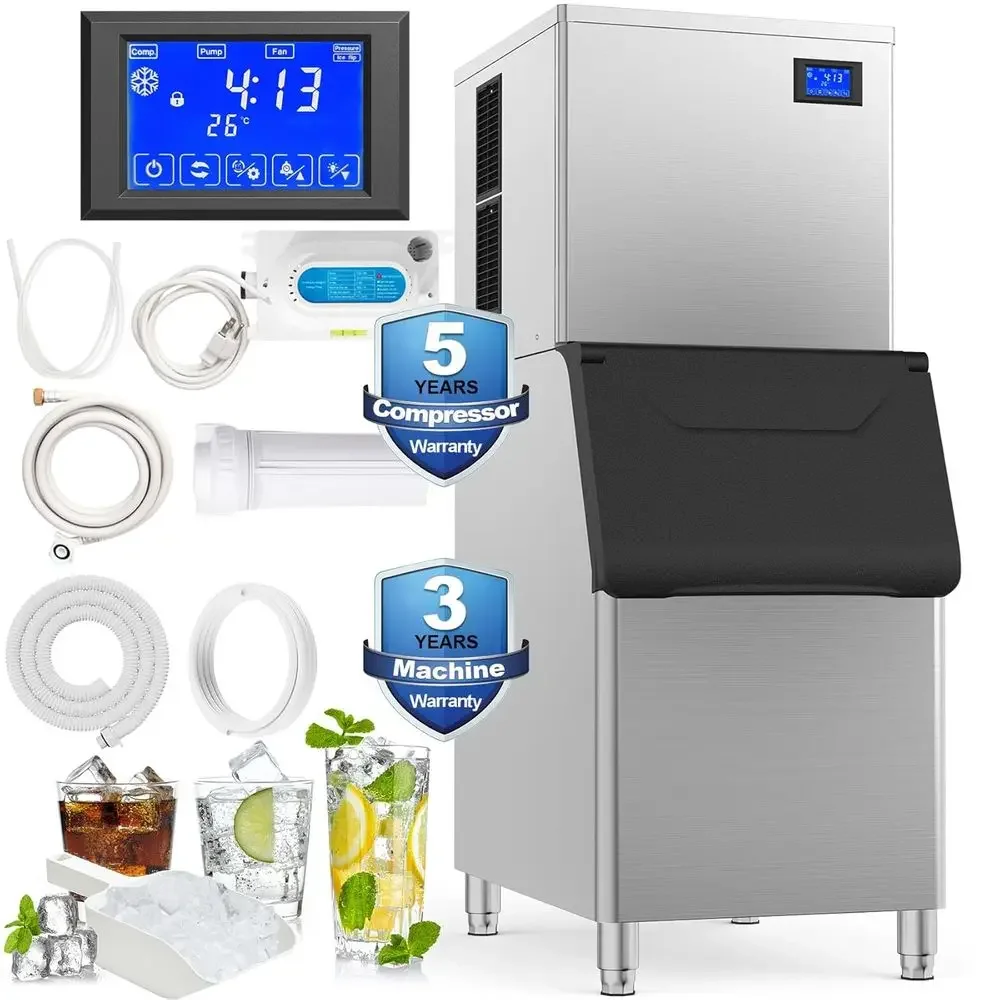 

Ice Machine Commercial Ice Maker Machine Large Industrial Stainless Steel Freestanding Ice Machine 550Lbs/Day with 400LBS Storag