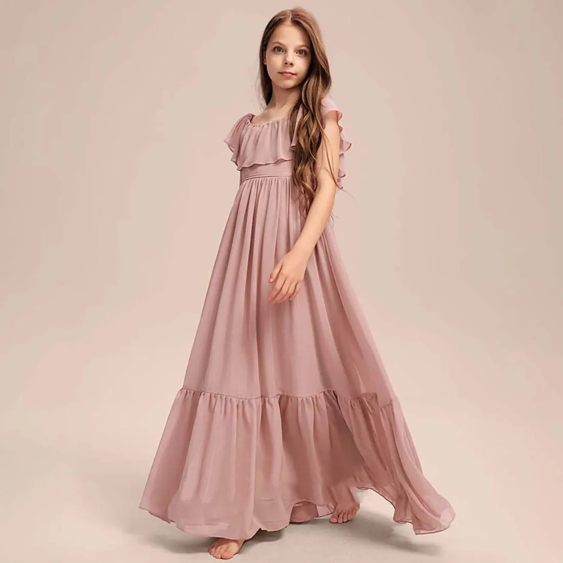 Yzymanual room Chiffon Junior Brautjungfer kleid mit kaskadi renden Rüschen a-Linie von der Schulter boden lang 2-15t