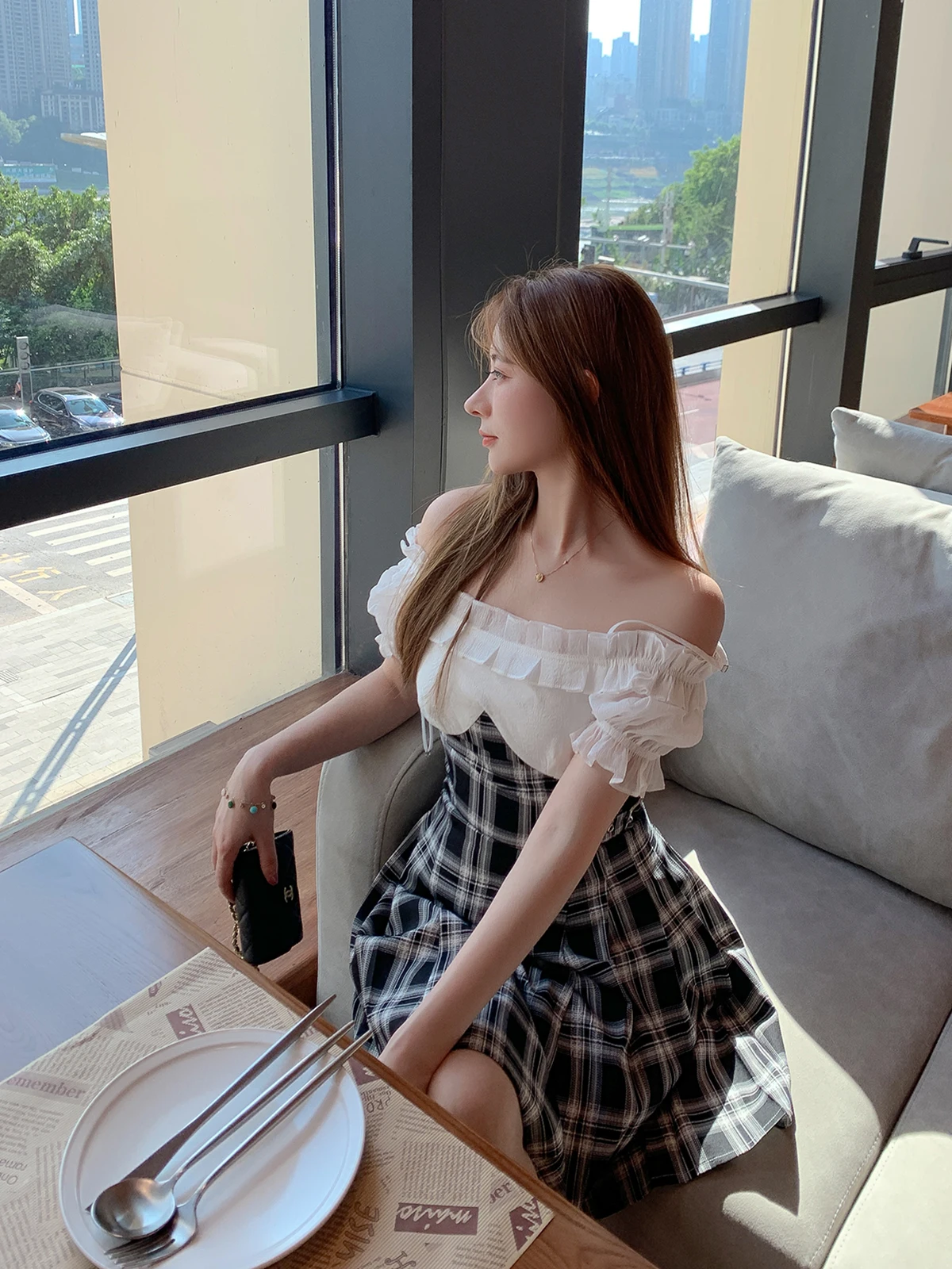

Sweet Princ Sle One-shoulder Strap Dr Plaid Waist Cinching Autumn New Arrival Ice Ice Came High Waist Bubble Sve A...