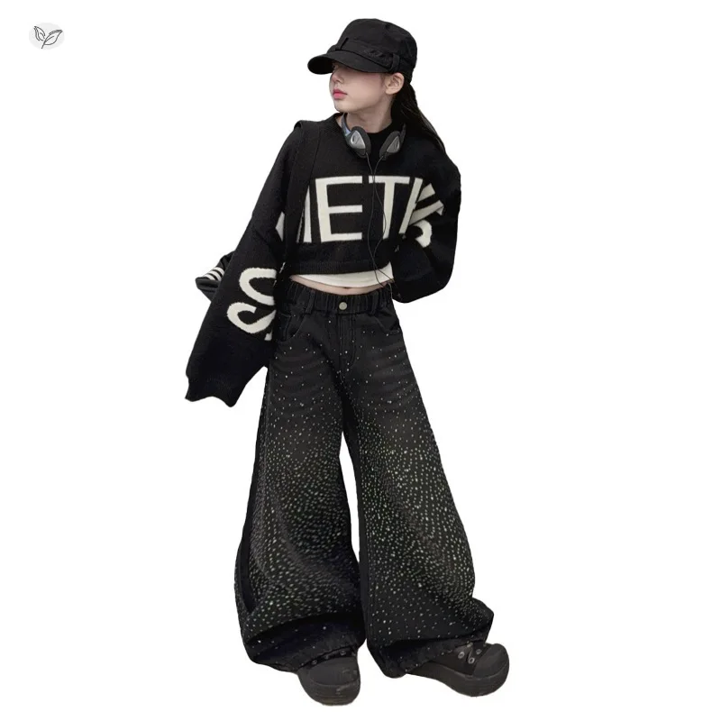 

Girls' Suit Irregular Sweater Spring New Middle-aged and Older Children's Hot Diamond Wide-leg Pants Fashionable Foreign Style