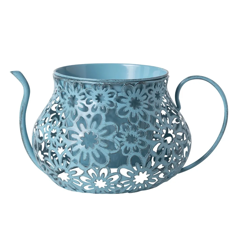 Practical Retro Hollow Teapot Flowerpot Wrought Iron Double Layer Flower Pot Floral Cutout Iron Teacup Planter Living Room