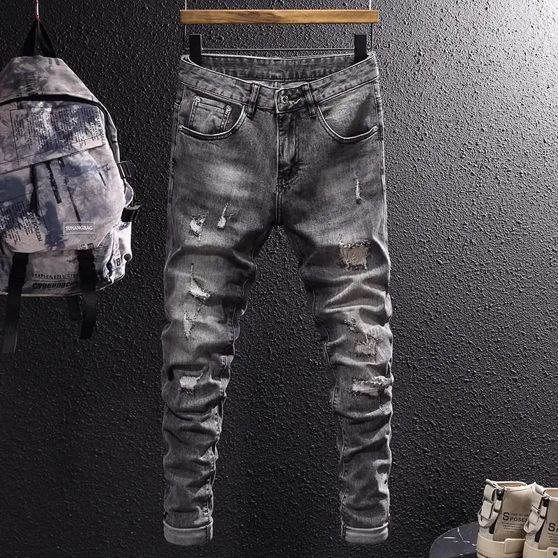 Luxury Man Clothing Brand Summer New Trendy Gray Ripped Jeans Men's Korean Youth Old Patch Slim-fit Small-footed Beggar Pants