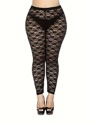 Europe And The United States Plus Size Women Sexy Lace Nine Point Pants Rose Plus Size Stretch Tight Breathable Leggings Woman