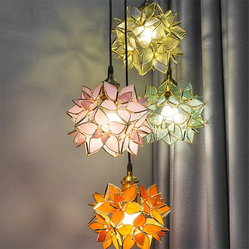 

Glass LED Pendant Light Bedroom Dinning Living Room Luminaria Kitchen Hanging lamp Fixtures Nordic Flower Copper Pendant lamp
