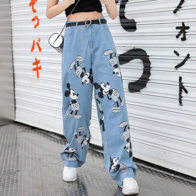 

Disney Mickey Cute Print Light Blue Jeans Loose High Waist Straight Tube Wide Leg Pants Korean Style College Style Casual Jeans