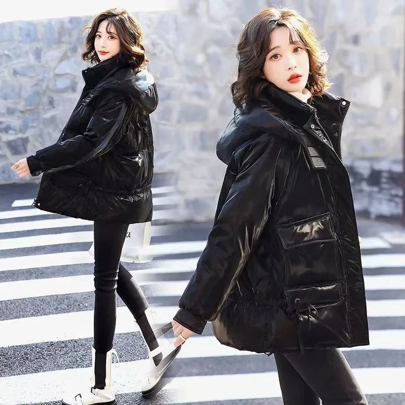 2026 Winter New Women's Glossy Down Cotton Jacket Korean Loose Lady Short Coat Female Thick Hooded Jackets Ladies Warm Pike Top