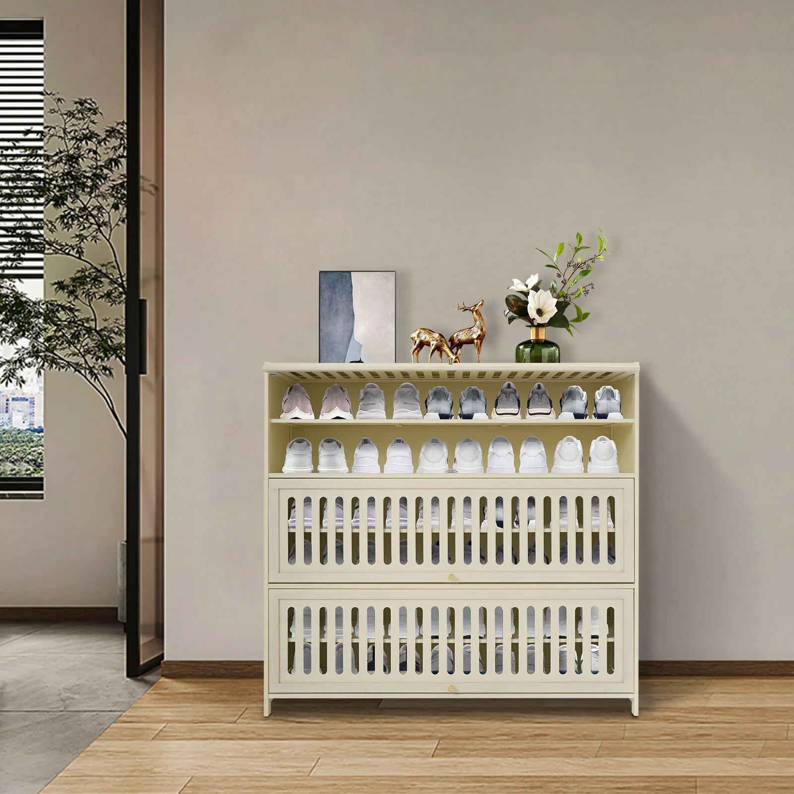 

Шкаф для обуви — 7-уровневый органайзер для откидных дверей, 43,3x12,6x41,7 дюйма, белый бамбук, 16,53-22,04 фунта/уровневые съемные панели, магнитный замок