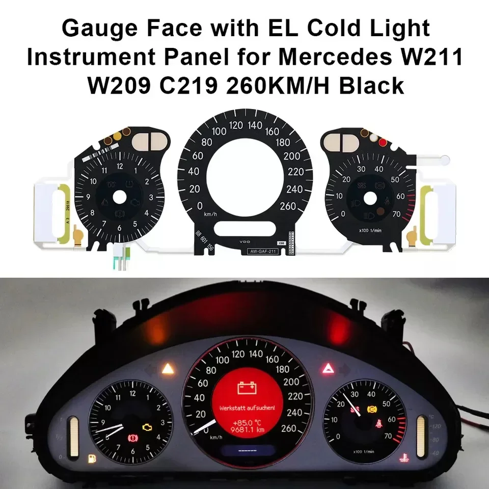 

Панель приборов с EL-подсветкой (холодный свет) для Mercedes W209, W211, C219, 260 км/ч, черно-белая