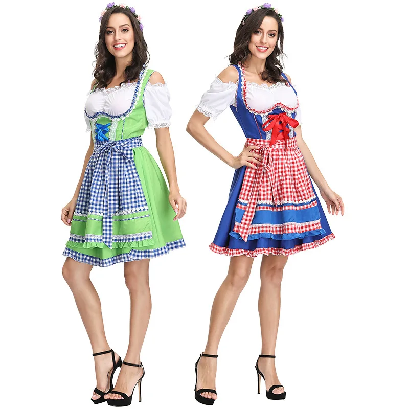

Women Bavarian Dress Beer Festival Costume Oktoberfest Checkered Apron Dress Traditional Clothing Blue Green Uniform