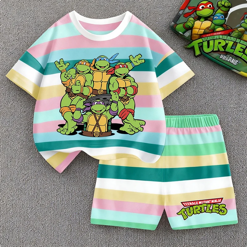Teenage Mutant Ninja Turtles Series Stripes Sets Summer Girls Boys T-Shirt Shorts Suits Casual Sport Clothes Kids Sleepwear Gift