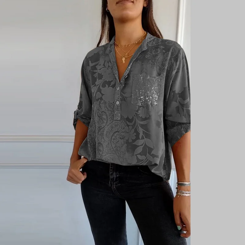 Elegant Printed Front Pocket Blouse Women 2024 Spring Button Stand Collar Office Top Pullover Summer Adjusted Sleeve Loose Shirt