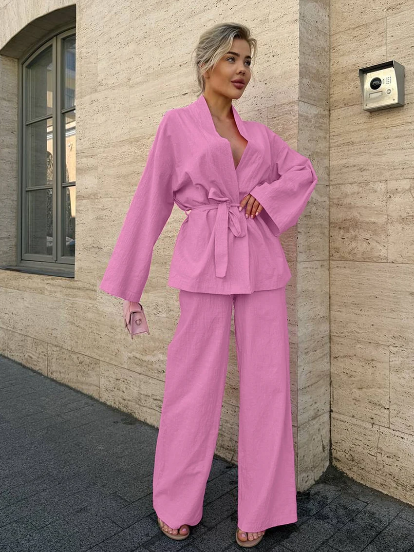 

Marthaqiqi Cotton Ladies Nightwear Suit Long Sleeve Robe Sexy V-Neck Sleepwear Lace Up Pajama Pants Female Nightgown 2 Piece Set