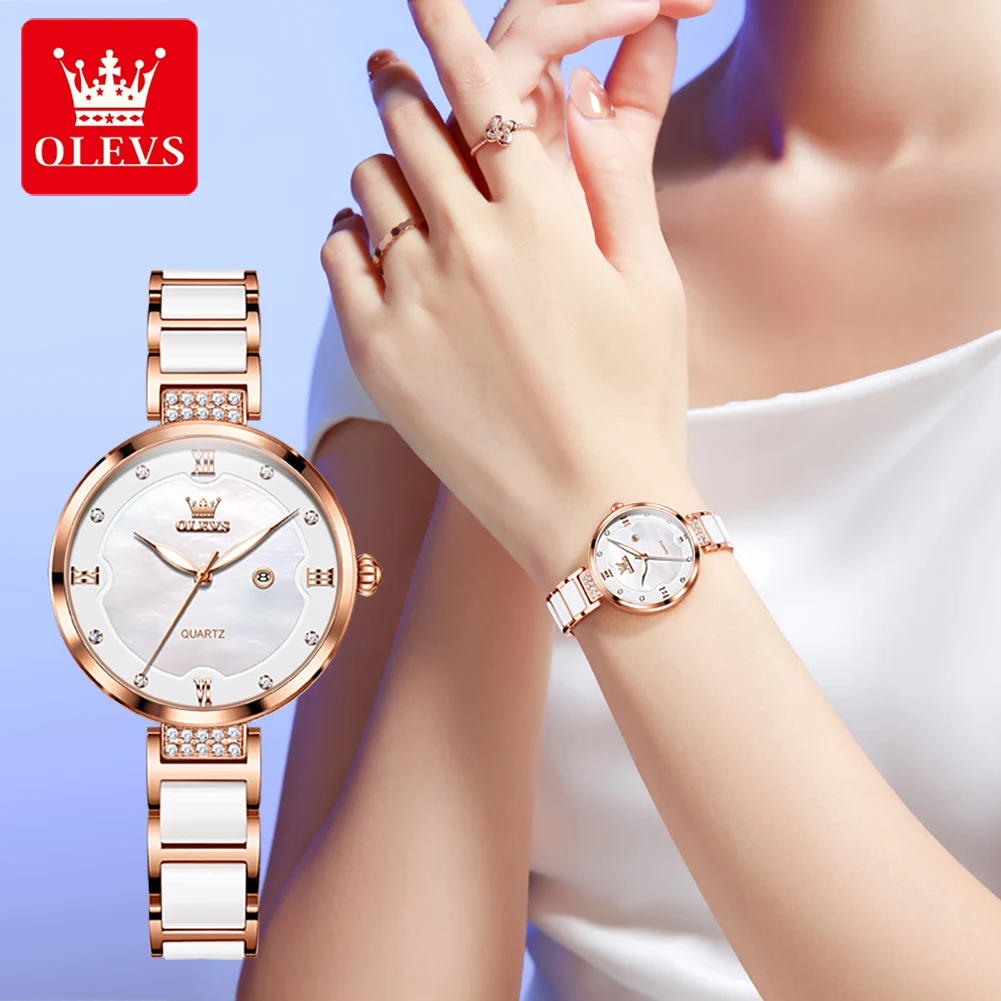 OLEVS Elegant Ceramics Strap Quartz Watch for Women Waterproof Luminous Auto Date Ladies Hand Clock Luxury Brand Wristwatch Sets