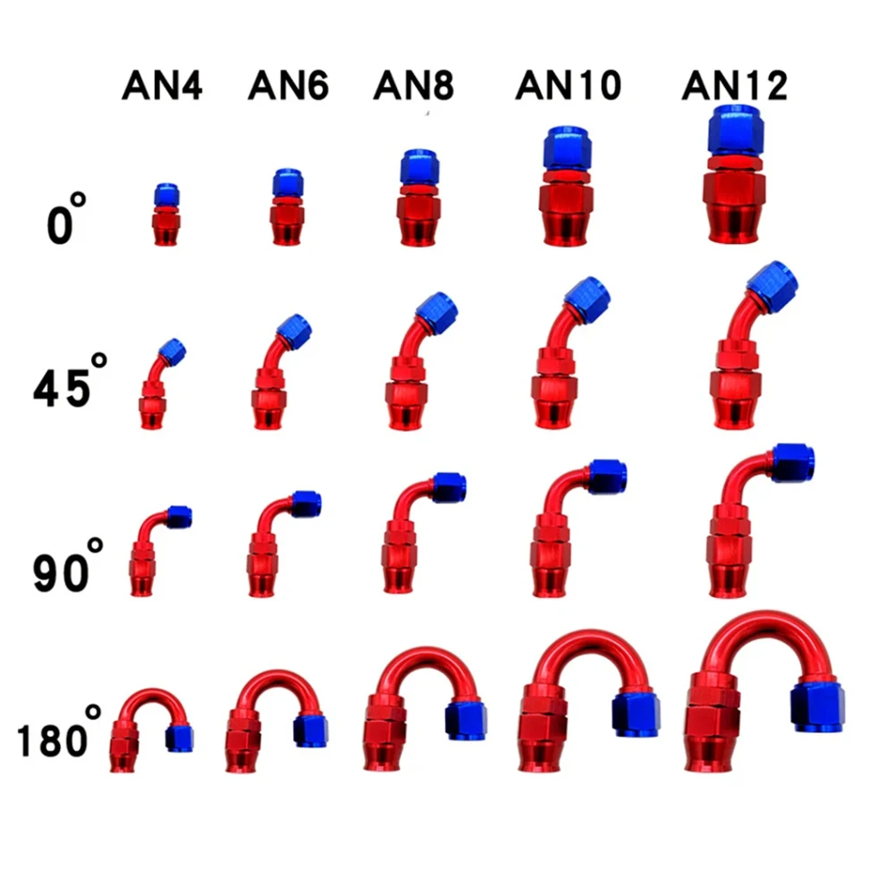 

AN4 AN6 AN8 AN10 AN12 Straight 0 45 90 180 Degree Reusable Car Hose End Fittings Adapter For Swivel PTFE Oil Fuel Line Blue Red