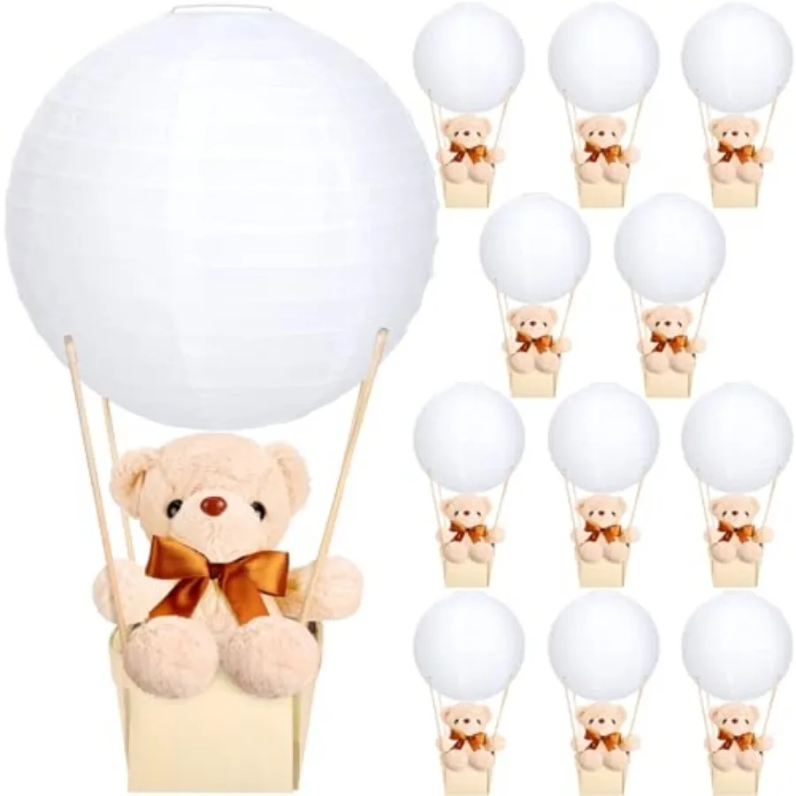 

Baquler 12 Sets Baby Shower Hot Air Balloon Table Centerpieces DIY Paper Lanterns Stuffed Plush Bear Wooden Baskets for Wedding