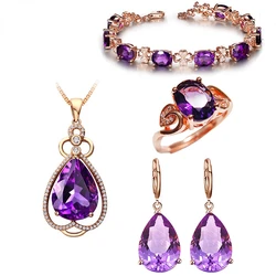 Rose Gold Plated Luxury Purple Crystal Stone Leaf Collar Chain Necklace Rings Earring Bracelet Jewelry Set for Women Girls Gift