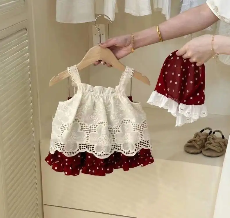 2025 New Strap Little Red Riding Hood Set Summer Cute Girl Hook Flower Western Style Tank Top Polka Pants Skirt Three Piece Set view 4