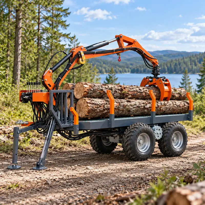 Towable Forestry Trailer with Grapple Customized for Small Farm Logging with Hydraulic Grapple Control Forestry Crane Trailer