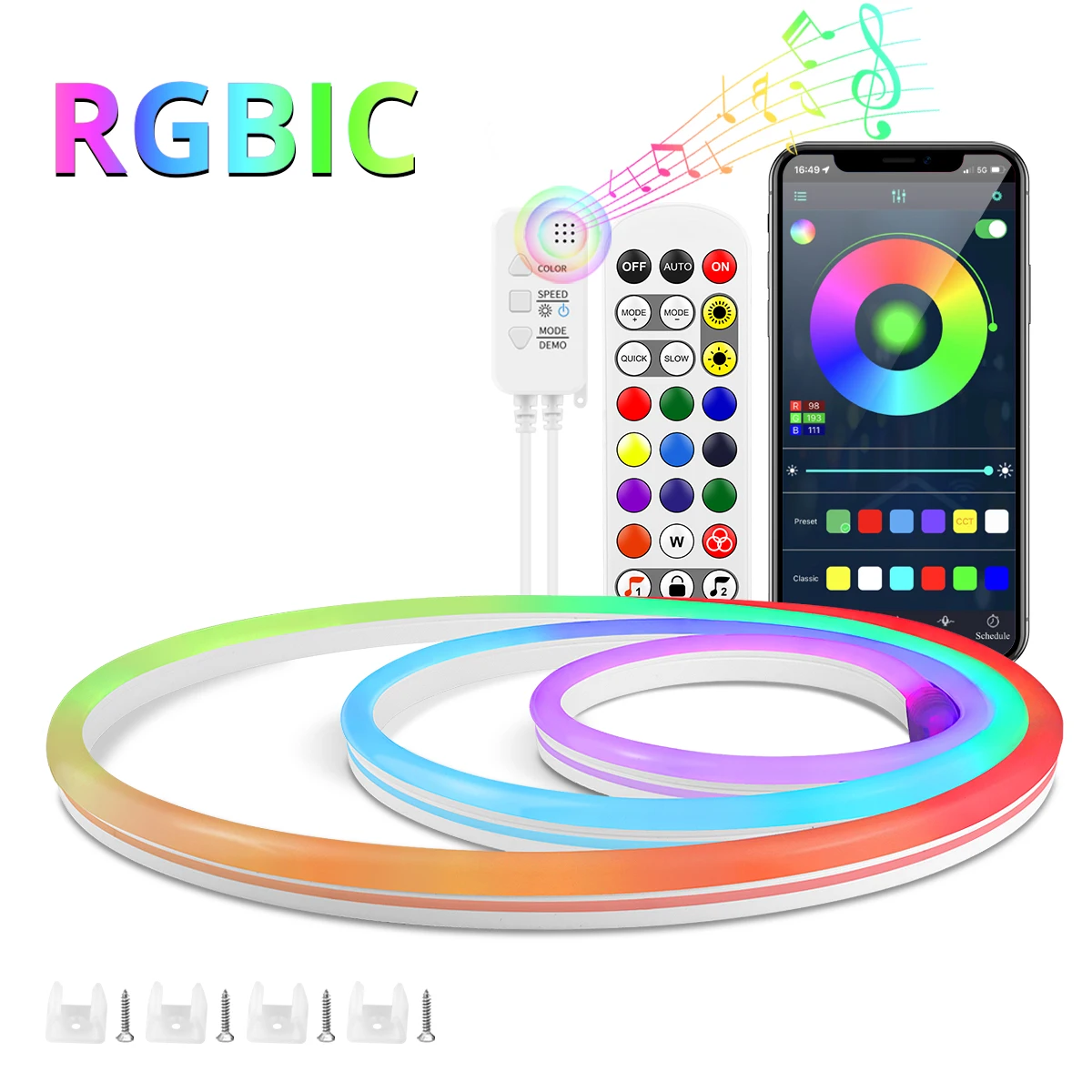 

RGBIC LED Neon Rope Light Strip 24V Bluetooth APP Control Dimmable Waterproof Smart Home Dreamcolor Chasing Tape for Wall Decor