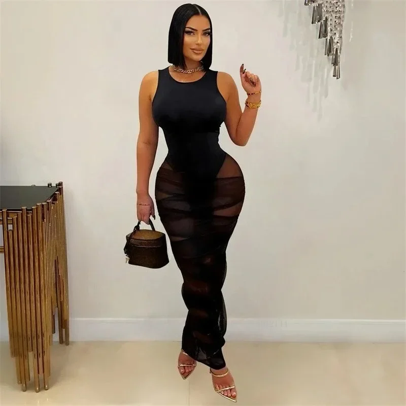 Doyerl المرأة Y2K شبكة سوداء شفافة المرقعة Bodycon فستان ماكسي مثير ضمادة فستان طويل لحفلة عيد ميلاد النادي الليلي