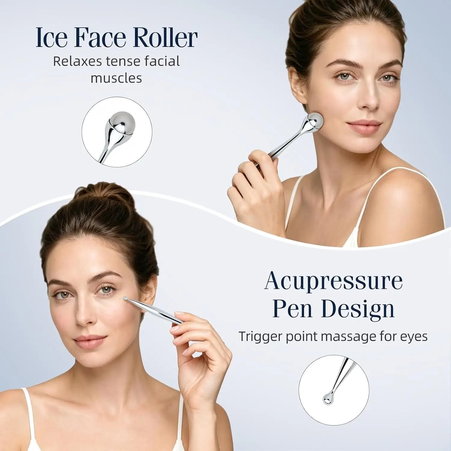 Metal Face Roller Massager Eye Roller for Puffy Eyes Ice Roller with Acupressure Pen Manual Massage Tool for Lymphatic Drainage - view 3