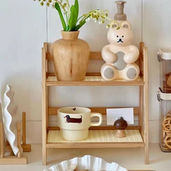 Bamboo Double Layer Rack Flower Pot Stand Desk Storage Organizer Sundries Storage Shelf for Desk Kitchen Home Bedroom Countertop