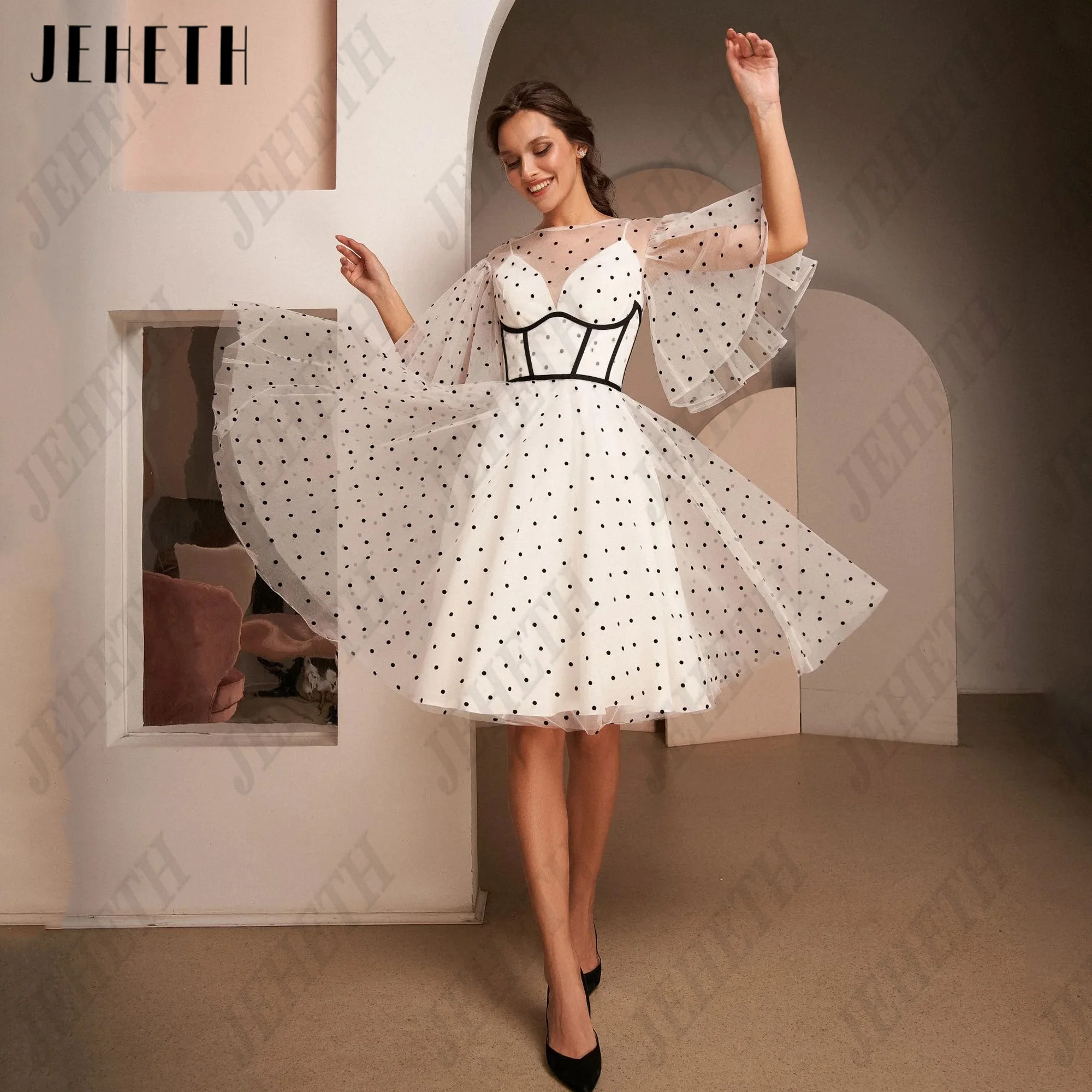 

JEHETH Customized Polka Dots Ivory Prom Dress For Women Short Sleeve Mini Evening Gowns A Line Tulle Party Gowns Knee Length