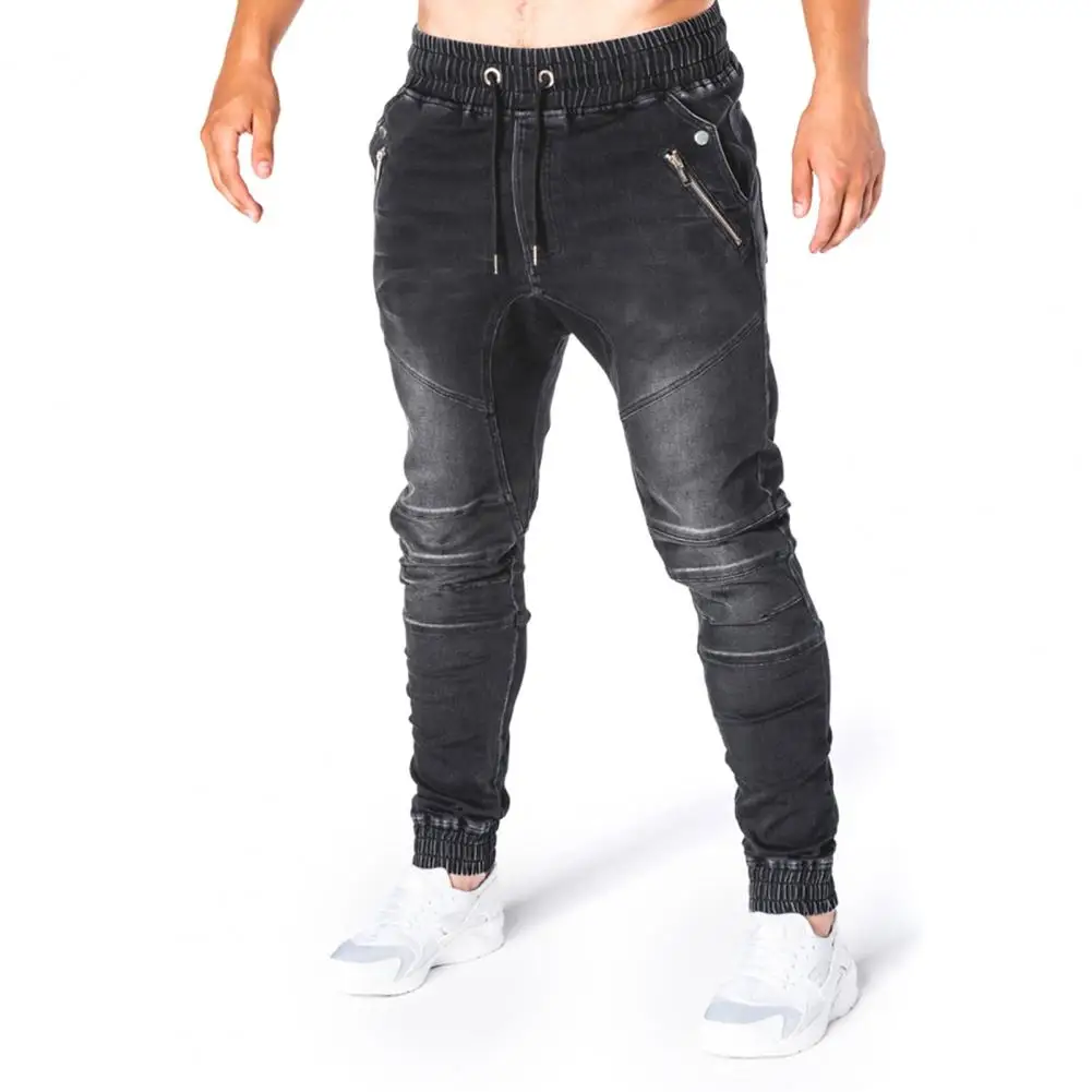 Men's Outdoor Summer Riding Jeans Motorpoof Jeans Skinny Jeans Fashion Pockets Denim Pencil Pants Ankle Tied Denim Trousers