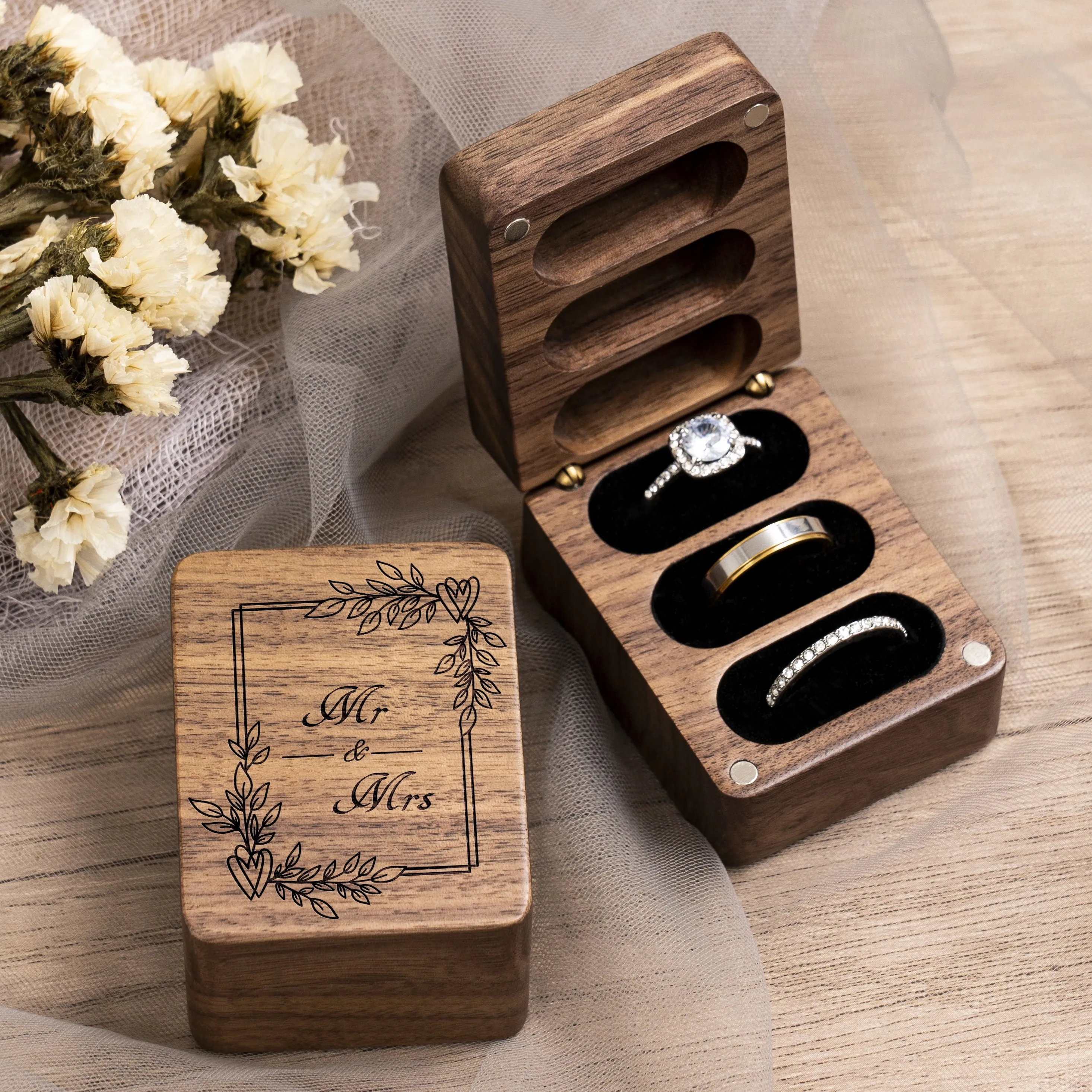 

Elegant Mr & Mrs Engraved Wooden Ring Box 3-Slot Wedding Ceremony Holder, Perfect for Proposals, Anniversaries Valentine's Gift